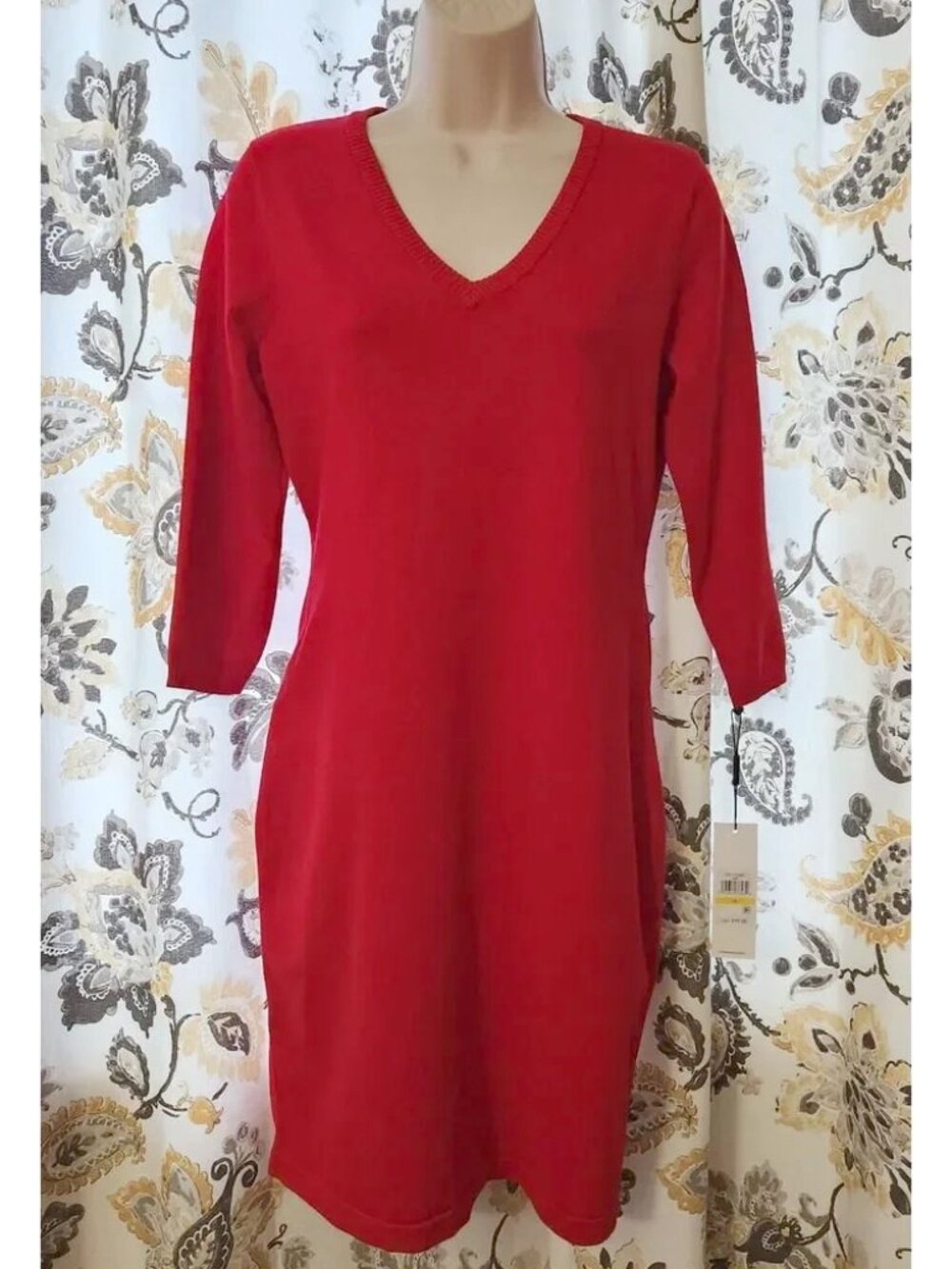 Calvin Klein Red V-Neck Sweater Mini Dress Solid Long Sleeve Shift L NWT